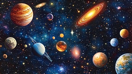 Naklejka premium Bright colorful planets and a spiral galaxy are shining in the dark universe, surrounded by countless stars, creating a breathtaking cosmic scenery