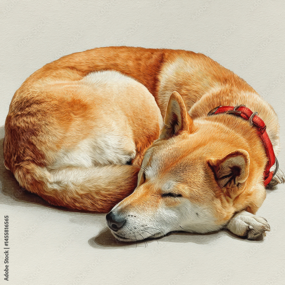 Poster a peaceful shiba inu dog sleeps curled up its reddishbrown fur soft and fluffy wearing a red collar.