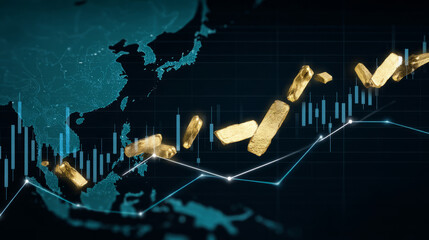 Digital representation of gold bars floating above a financial market chart, illustrating investment opportunities in Asia and global economic trends in 2023
