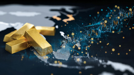 Gold Bars on Global Economic Map with Data Visualization Elements Depicting Financial Markets and Investment Trends for Stock Photography