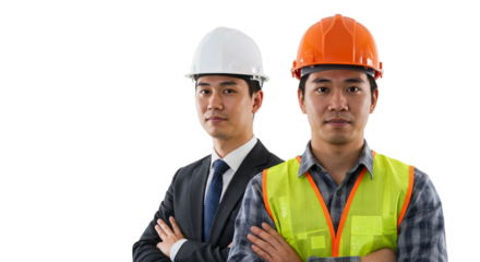 Man engineer architect with male manual workers in hardhat colleague looks forward, standing against white background. Team construction industry professional at work building project