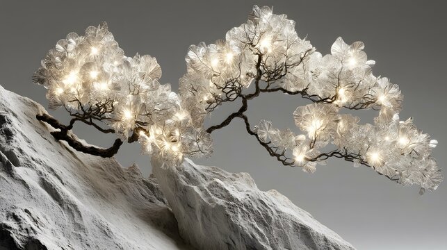 garden with fractal leaf patterns and glowing roots