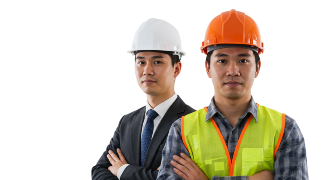 Man engineer architect with male manual workers in hardhat colleague looks forward, standing against white background. Team construction industry professional at work building project
