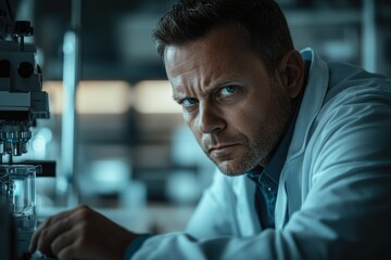 Obraz premium A serious scientist intensely focused on his laboratory work, examining samples with a microscope.