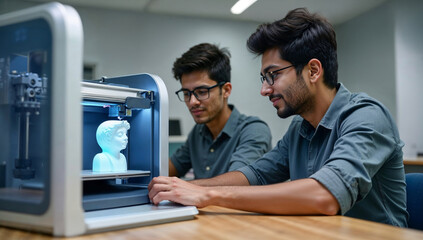 Indian students working together in tech lab learning 3D printing with modern equipment gaining practical skills in engineering and digital fabrication