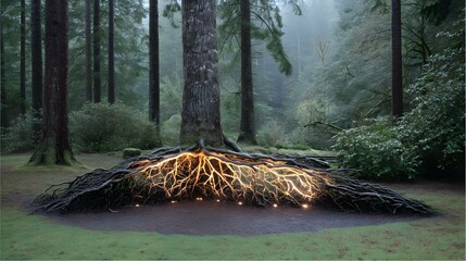 park with glowing root systems and artificial sun