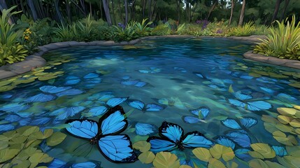 garden with floating islands and mechanical butterflies