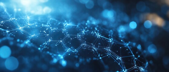 Abstract network glows with digital connections, suggesting technology and scientific progress.