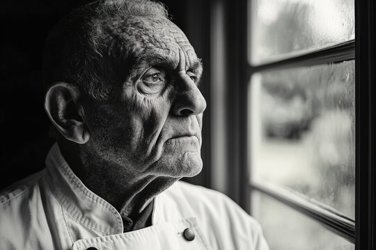 A contemplative elderly man, his face etched with time, gazes thoughtfully out a window.