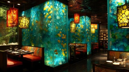 restaurant interior with translucent walls and immersive projection mapping