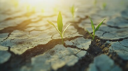 Young sprouts emerging from cracked earth.