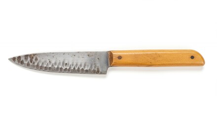 Isolated kitchen knife with wooden handle and serrated blade on white background