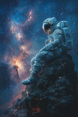 Astronaut sitting in the cosmos with vibrant stars and galactic scenery