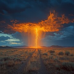 Fototapeta premium Dramatic Lightning Storm Over a Dusty Road