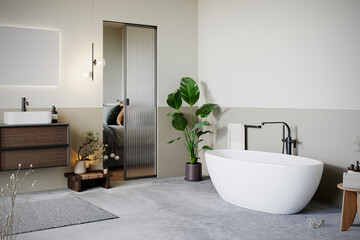 Modern minimalist bathroom interior, pastel decor concept, modern wooden bathroom furniture with interior plants. 3d rendering