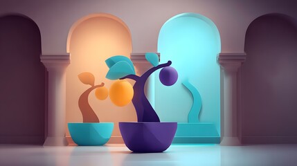 with luminous fruit in a serene digital garden