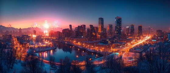 Obraz premium Cityscape displays illuminated skyscrapers, river reflecting city lights under colorful fireworks during winter celebration.