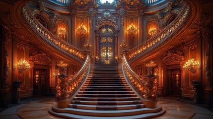 Obraz premium A grand staircase in an opulent, historic building, with ornate railings and intricate architectural details.