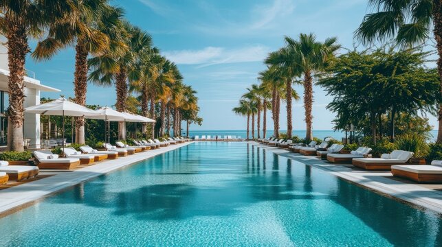 Luxurious tropical infinity pool overlooking the ocean with palm trees and beachside lounge chairs under clear blue sky at an upscale waterfront resort