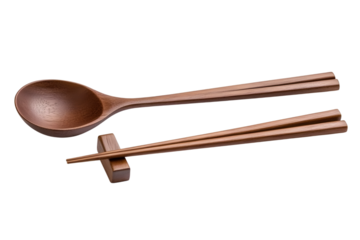 Wooden pairs of chopsticks and spoon isolated on white background. AI Generated Images