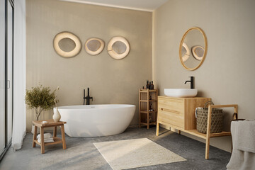 Modern minimalist bathroom interior, modern bathroom cabinet, white sink, wooden vanity, interior plants, bathroom accessories, bathtub , beige walls, granite floor, vases. 3d rendering