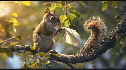 Obraz premium Squirrel with White Flag: A small squirrel sitting on a tree branch, holding a tiny white flag. 