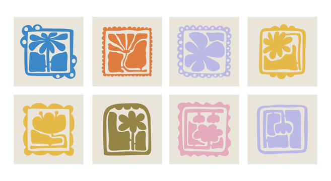 Matisse curves aestethic. Groovy abstract flower art set. Organic floral doodle shapes in trendy naive retro hippie 60s 70s style. Botanic vector illustration in pink, yellow, green colors.