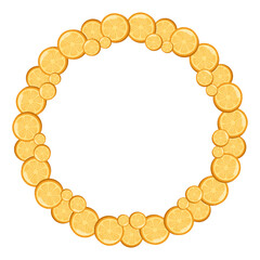 Fresh cartoon round frame with juicy lemon slices. Summer citrus wreath. Vector isolated illustration on white background