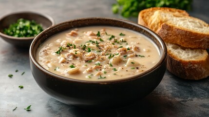 Delicious creamy mushroom soup served in a dark bowl with fresh herbs, crusty bread slices on side, perfect for hearty comforting meals on a cold day