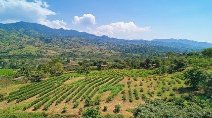 Fototapeta premium Mountain farmland crop fields aerial view