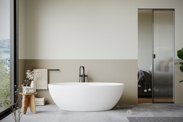 Modern minimalist bathroom interior, pastel decor concept, modern wooden bathroom furniture with interior plants. 3d rendering