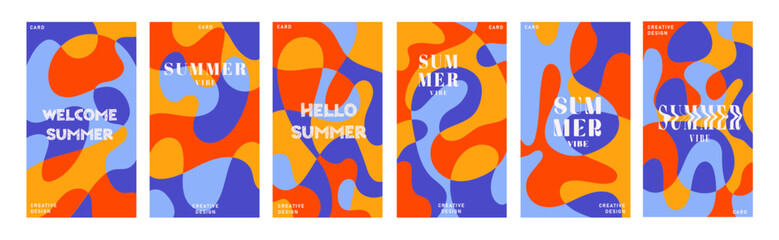 Summer bright illustrations set for poster, card, cover, label, banner in modern minimalist style with overlay effect. Modern and simple summer design templates. Vector stock graphic