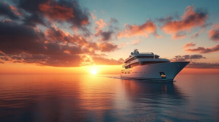 Naklejka premium Luxurious Yacht Sailing at Sunset with Vibrant Sky and Calm Ocean, High-End Marine Vessel Enjoying Serene Waters Du Beautiful Evening Sunset Scene