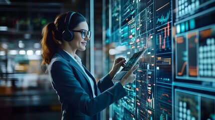 Woman in business attire interacting with digital displays.