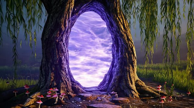 Tree with a purple hole in it. The hole is surrounded by mushrooms and grass. Scene is mysterious and magical