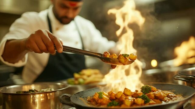 A professional chef prepares a sizzling stir-fry dish in a fiery pan, showcasing intense heat, vibrant ingredients, and dynamic culinary action in a commercial kitchen setting.