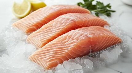 Fresh salmon fillets on ice with lemon and parsley