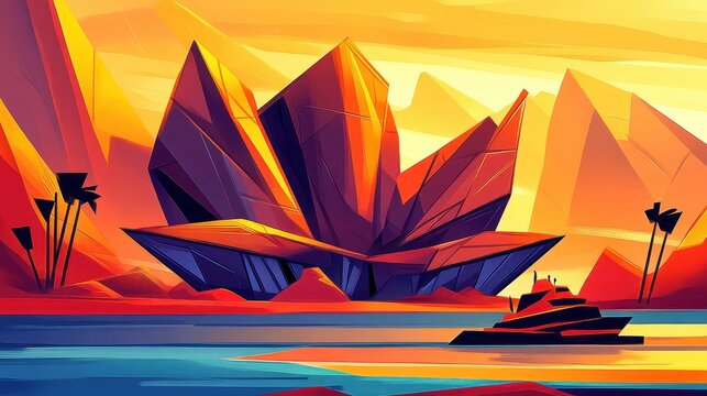 Voxelascape Serenity Reflected Pixelated Horizon Calm Waters and Majestic Forms an Abstract Digital Sunset Tranquility