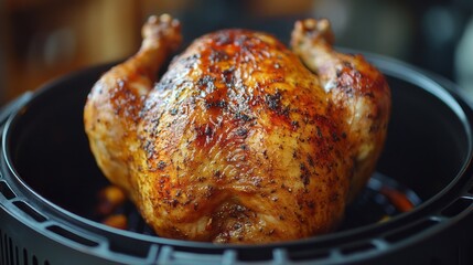 Crispy roasted chicken in a cooking appliance.