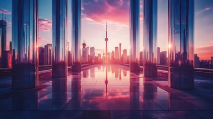 Fototapeta premium Reflective pillars framing cityscape at sunrise