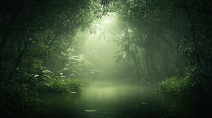 Obraz premium A lush green forest with a calm river flowing through it.