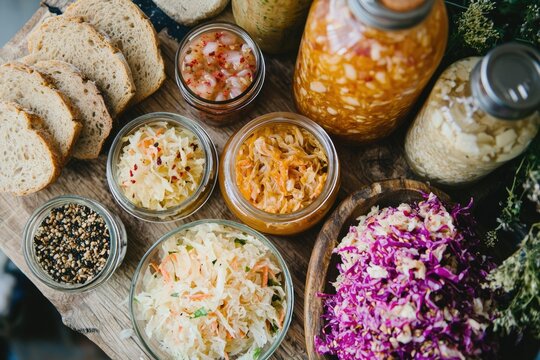 Overhead view of homemade fermented foods including sauerkraut, pickles, and pickled red cabbage served with slices of bread on wooden board.