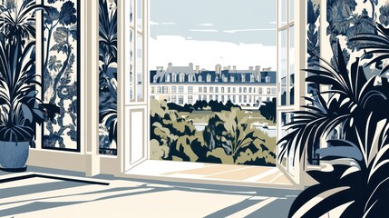 Aesthetic french windows vista illustration capturing idyllic parisian landscape charming home interior tranquil scene architectural elegance