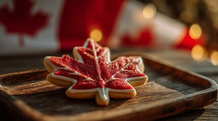 Maple leaf cookie with red and white icing on wooden tray, celebrating Canada Day spirit
