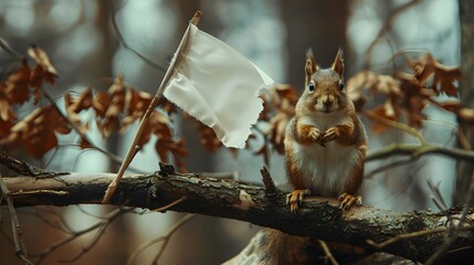 Obraz premium Squirrel with White Flag: A small squirrel sitting on a tree branch, holding a tiny white flag. 