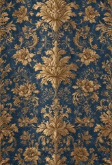 Elegant seamless damask pattern, blue and gold floral motifs, texture, vintage