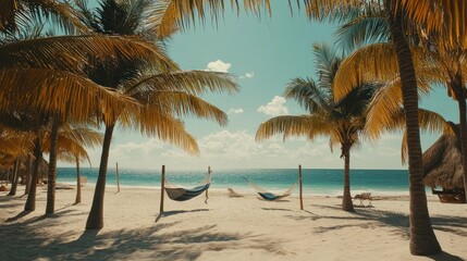 Obraz premium Tropical beach hammocks relaxation scene