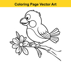 Fototapeta premium Cute Cartoon Bird on Branch with Flower Coloring Page