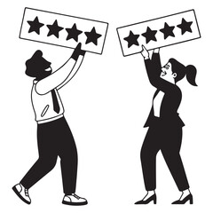 Employee survey, customer feedback rating or performance review, five stars service, best experience or feedback and 
engagement concept, business people employees holding 5 stars rating feedback vect