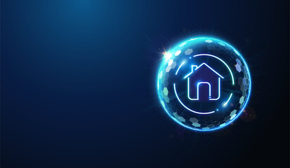Home Icon Protected by Shield Barrier. Abstract geometric illustration depicting real estate property insurance service against risks concept by wireframe mesh on blue background with copy space